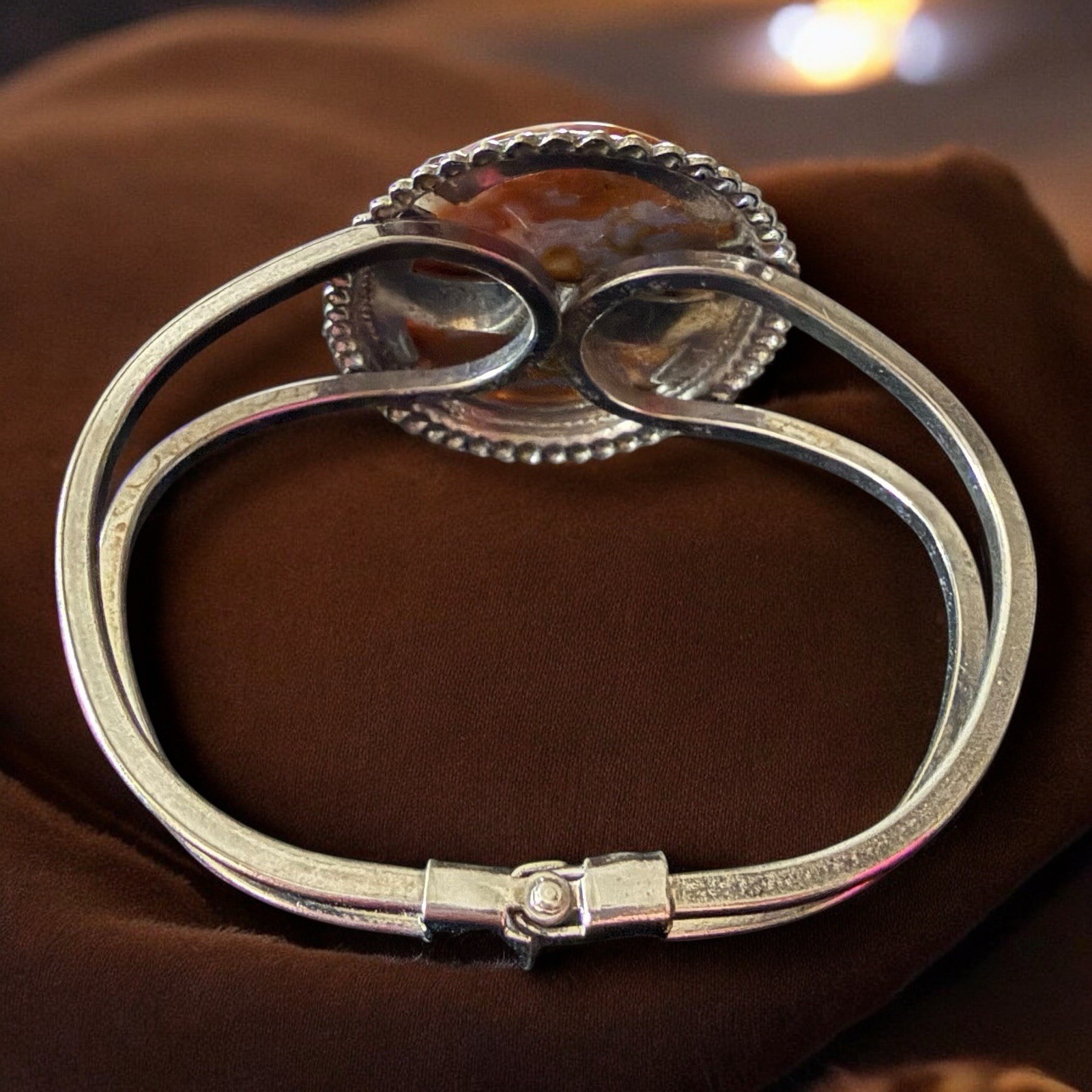 Silver Tone Agate Cuff Bracelet Vintage Blaze Orange Stone Small Wrist 5 Inches