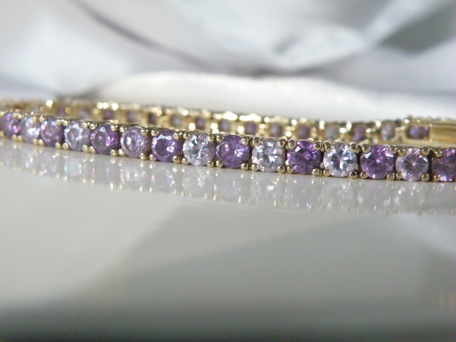 Vintage Sterling Silver 925 Gold Over Amethyst CZ Tennis Bracelet 7.5″