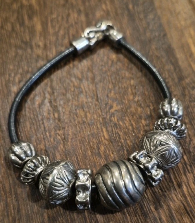Vintage Silver Tone Beaded Black Leather Cord Bracelet, Magnetic Closure
