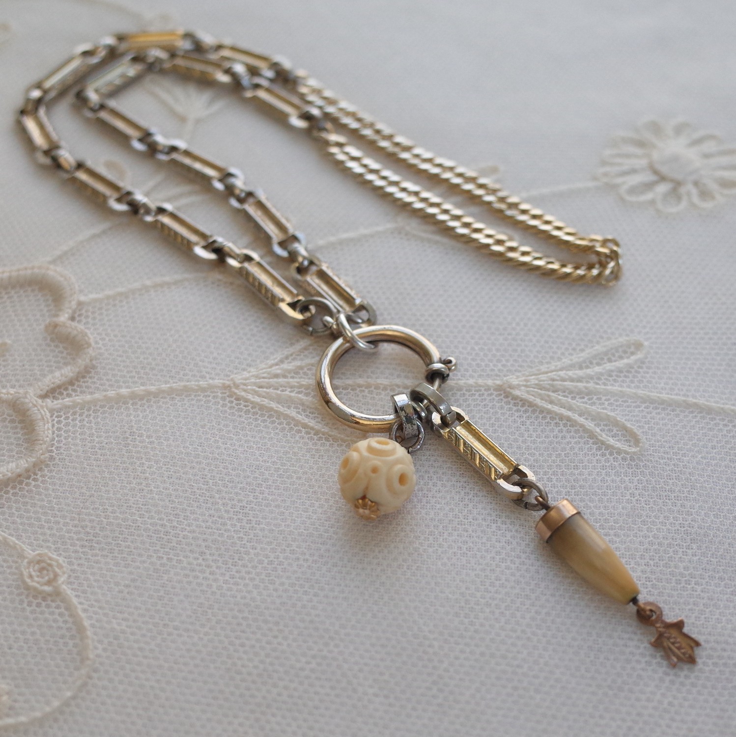 Antique Tooth Fob & Carved Bead Necklace 2 Tone Silver Gold Bar Link Watch Chain