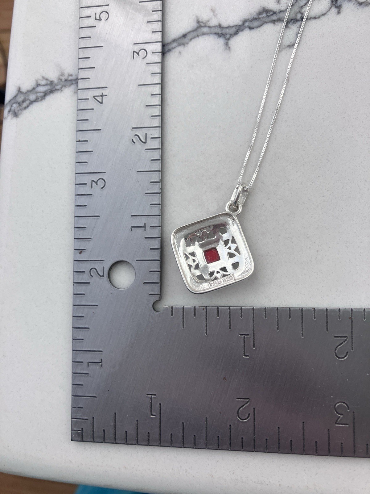 Vintage 925 Sterling Silver Red Coral Deco Marcasite Pendant Necklace 18”