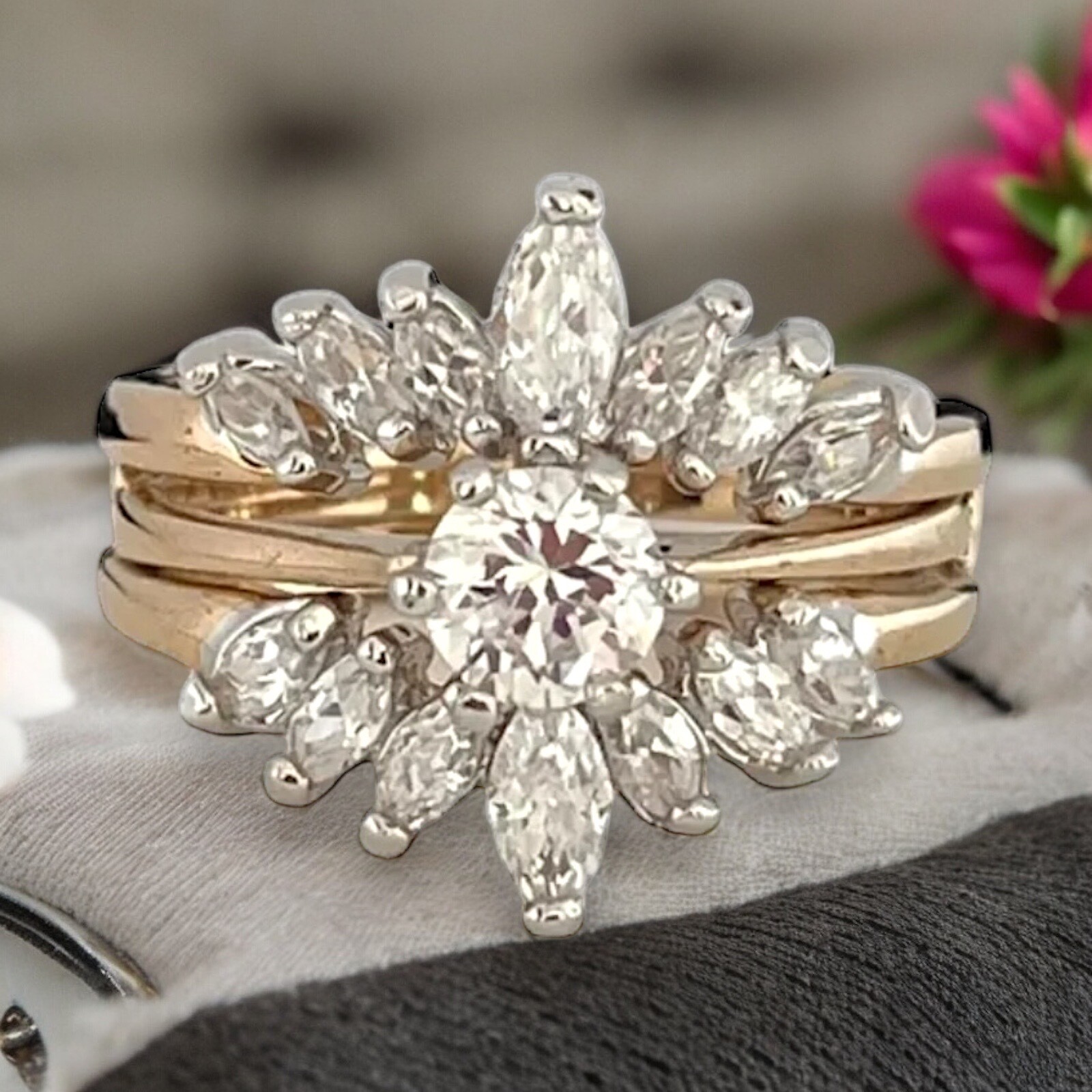 Vintage 1980s Wedding Ring Set Size 8 Cubic Zirconia 14K Gold Plate – 14F