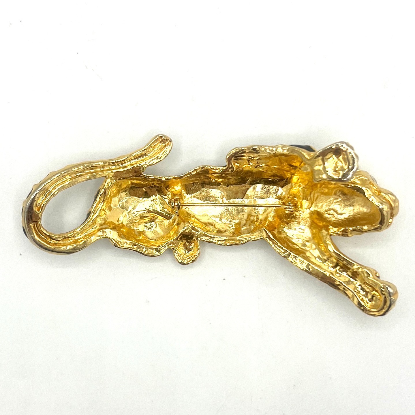 Vintage Black Enamel Tiger/Panther Brooch With Clear Rhinestone Eyes – 4.25″