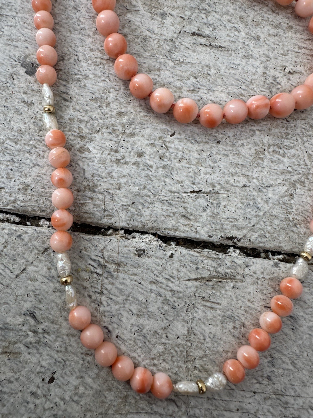 Vintage Genuine Angel Skin Coral Pearl And 14k Bead Necklace With Bracelet