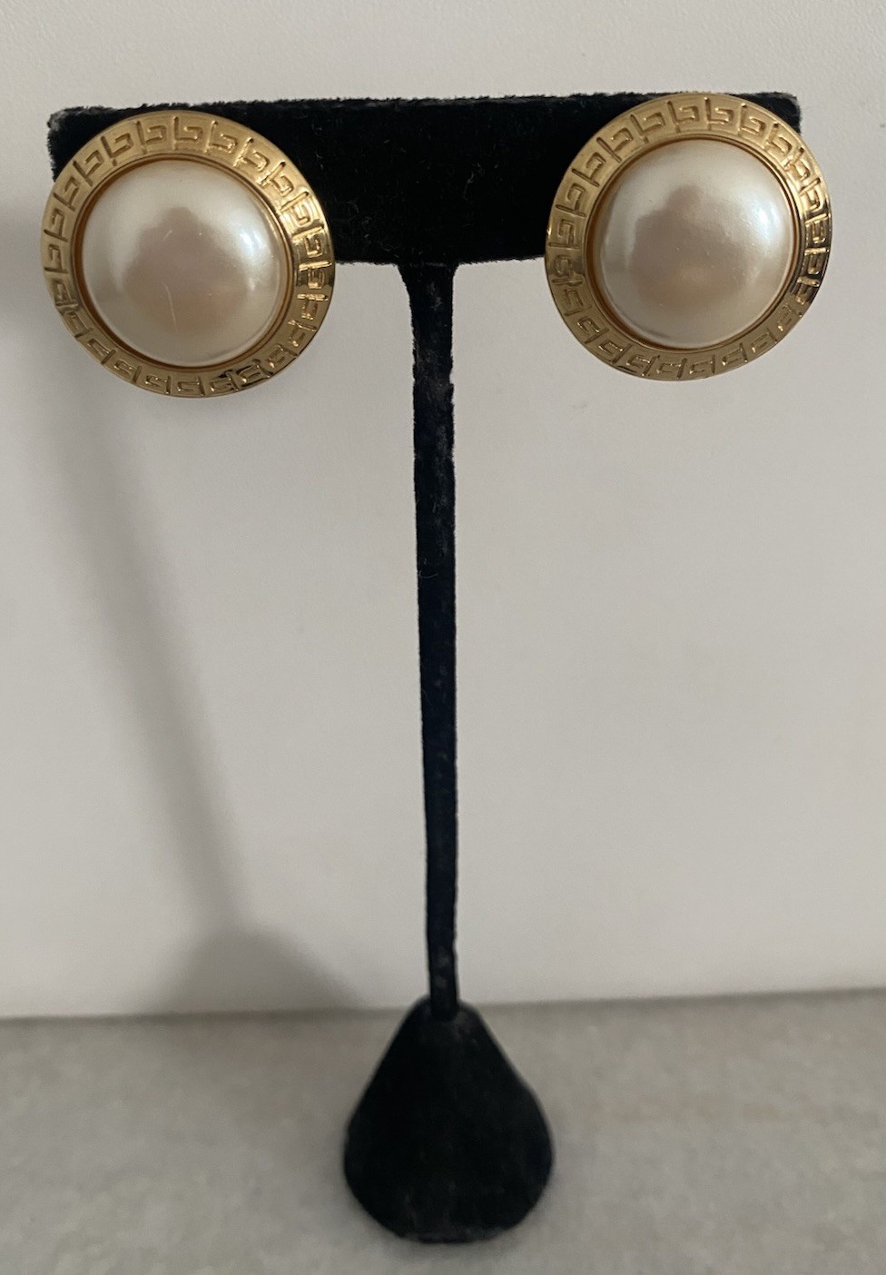 Vintage Classic Logo Givenchy Gold Pearl Cabochon Clip Earrings Paris New York