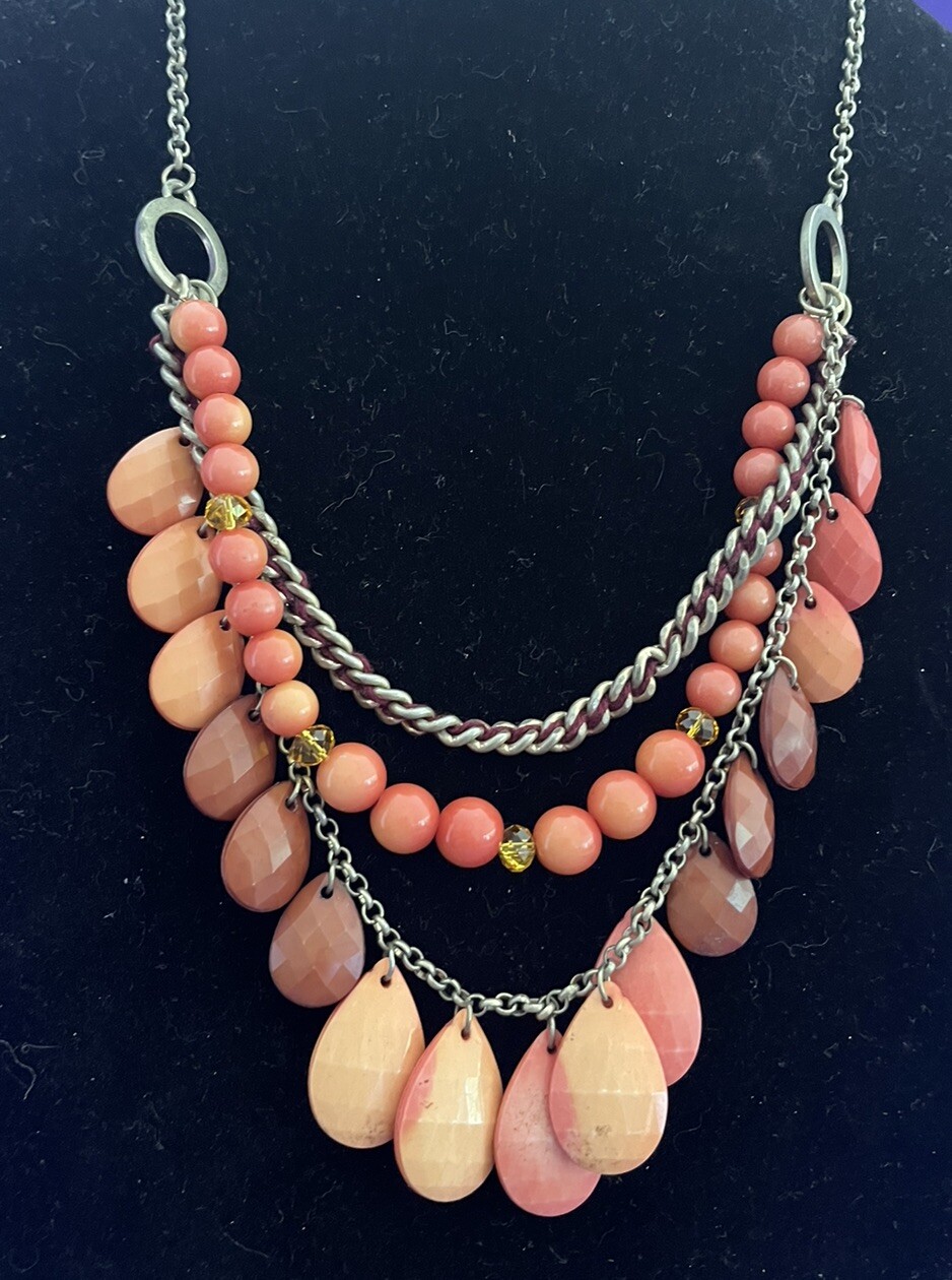 Vintage Acrylic Peach Pink Beaded Fringe Bib Multi Strand Dangle Necklace SALE!
