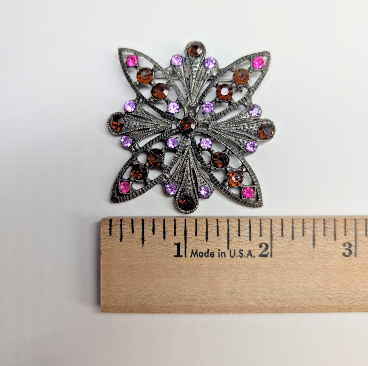 Vintage Rhinestone Brooch Filigree Pink Purple Amber Floral Pin Estate Jewelry