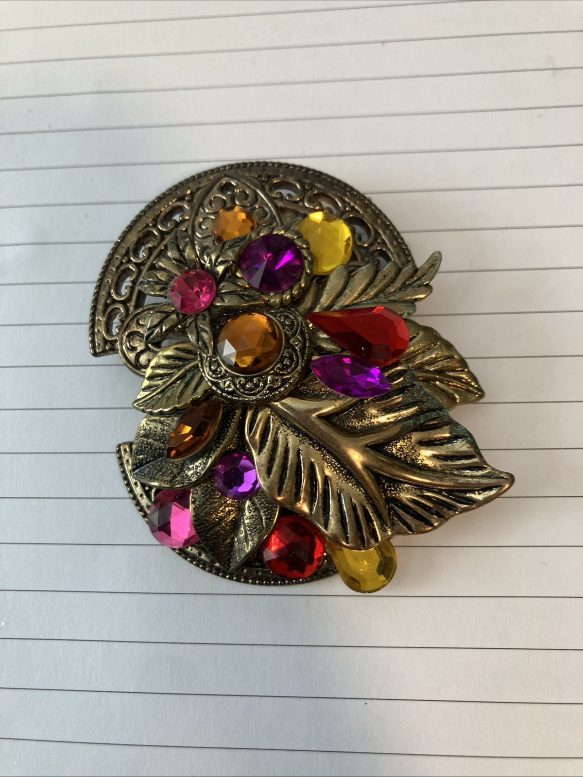 Vintage Gold Tone Pink Purple Red Yellow Plastic Gem Jewel Brooch Lapel Pin