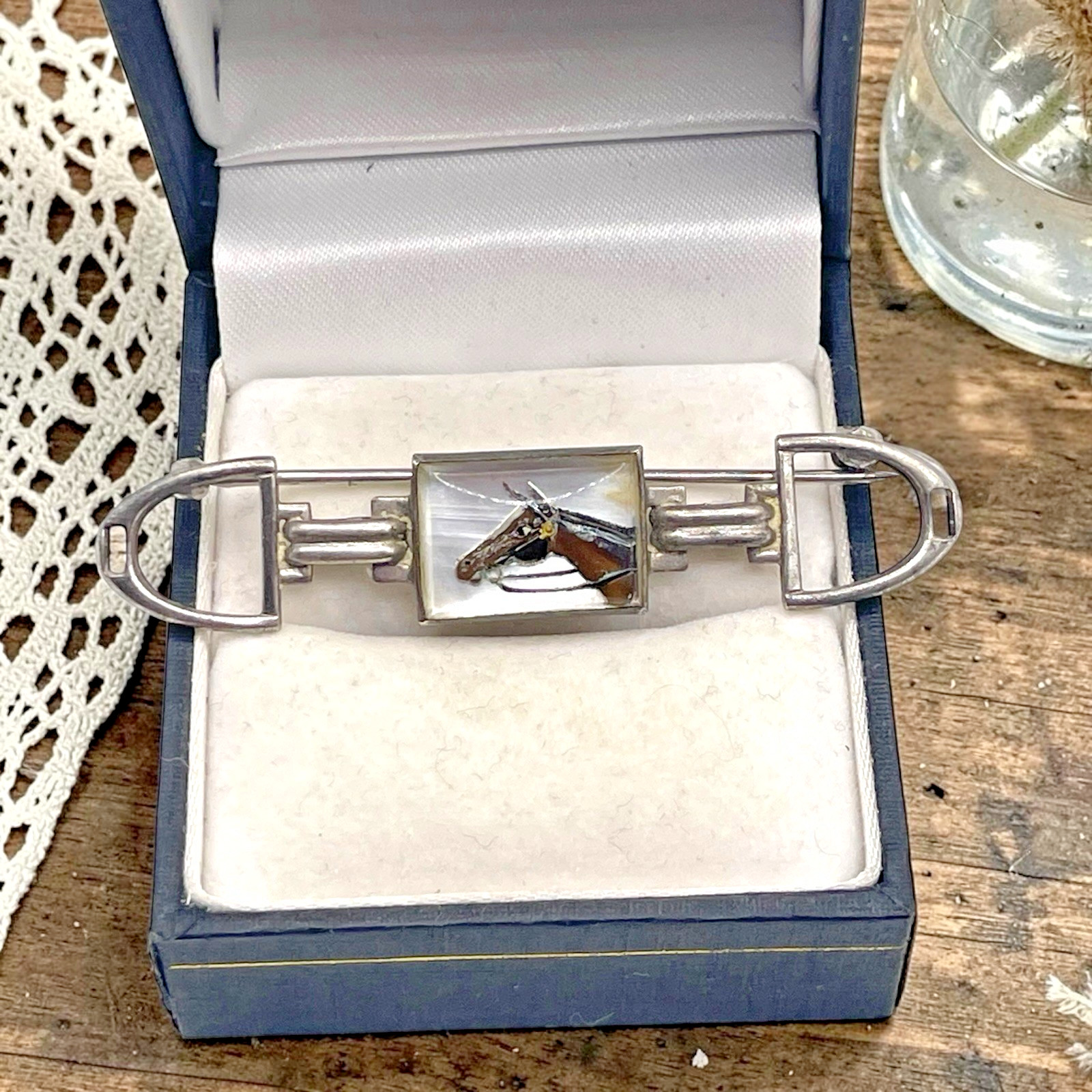 Vintage Horse Equestrian Mother of Pearl Stir-up Sterling Bar Brooch Pin, 2.25″