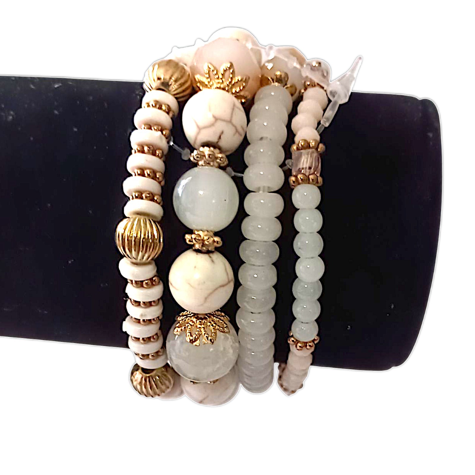 Y2K Multi Strand Beaded Bracelet Glass Stacked Floral Neutrals Fairy Indie Boho