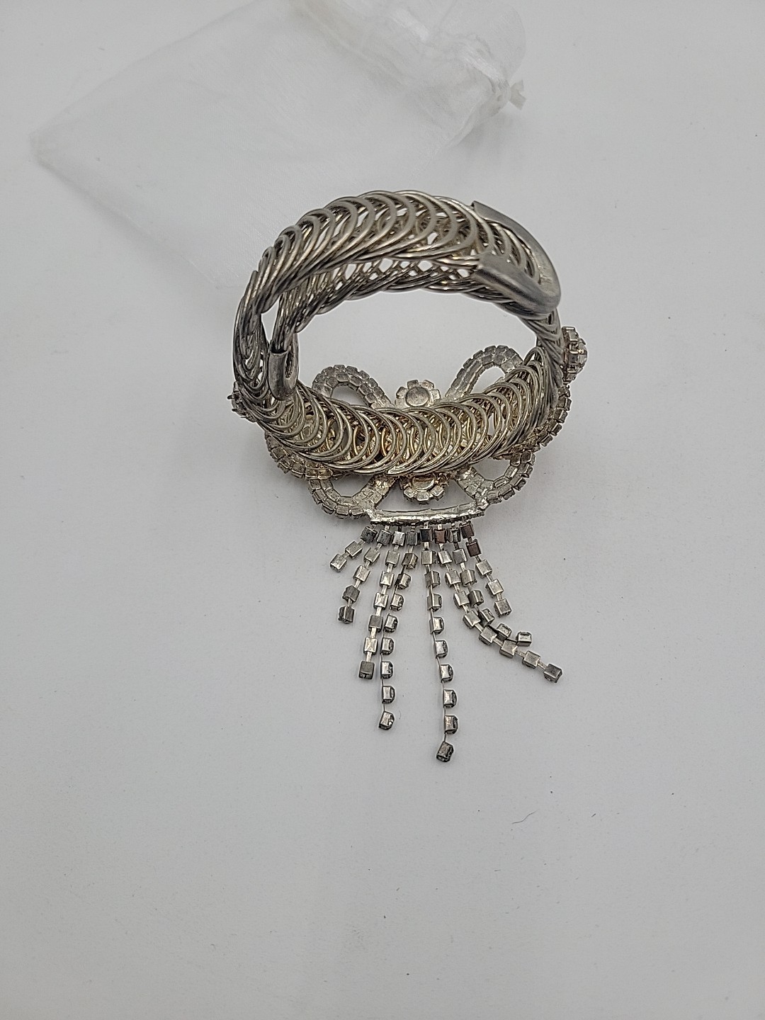 Vintage Rhinestone Cuff Dangle Bracelet, Stretch Band