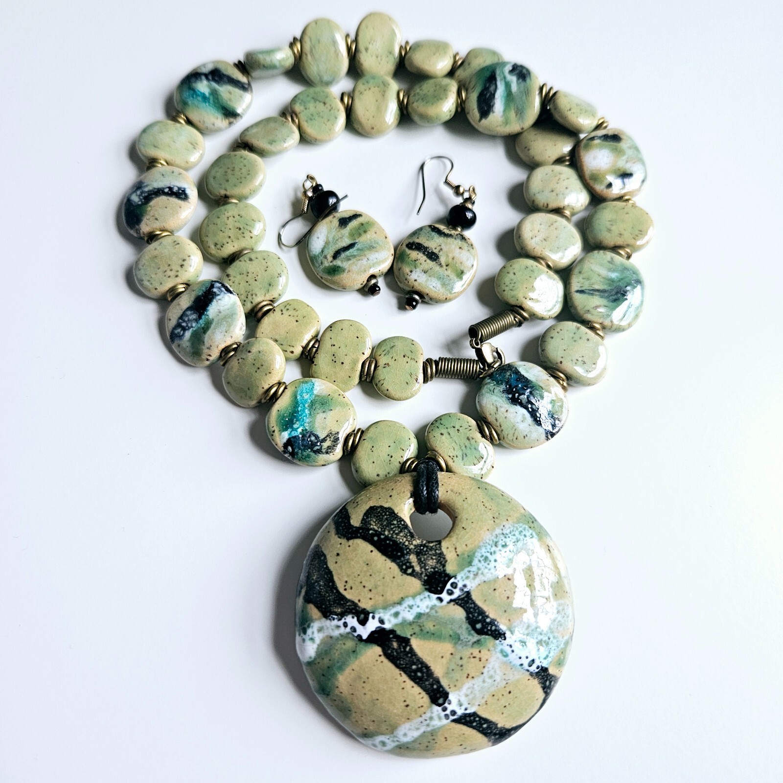 2 Necklaces Earrings Hand painted Ceramic Porcelain Geometric Wood Beads C1946