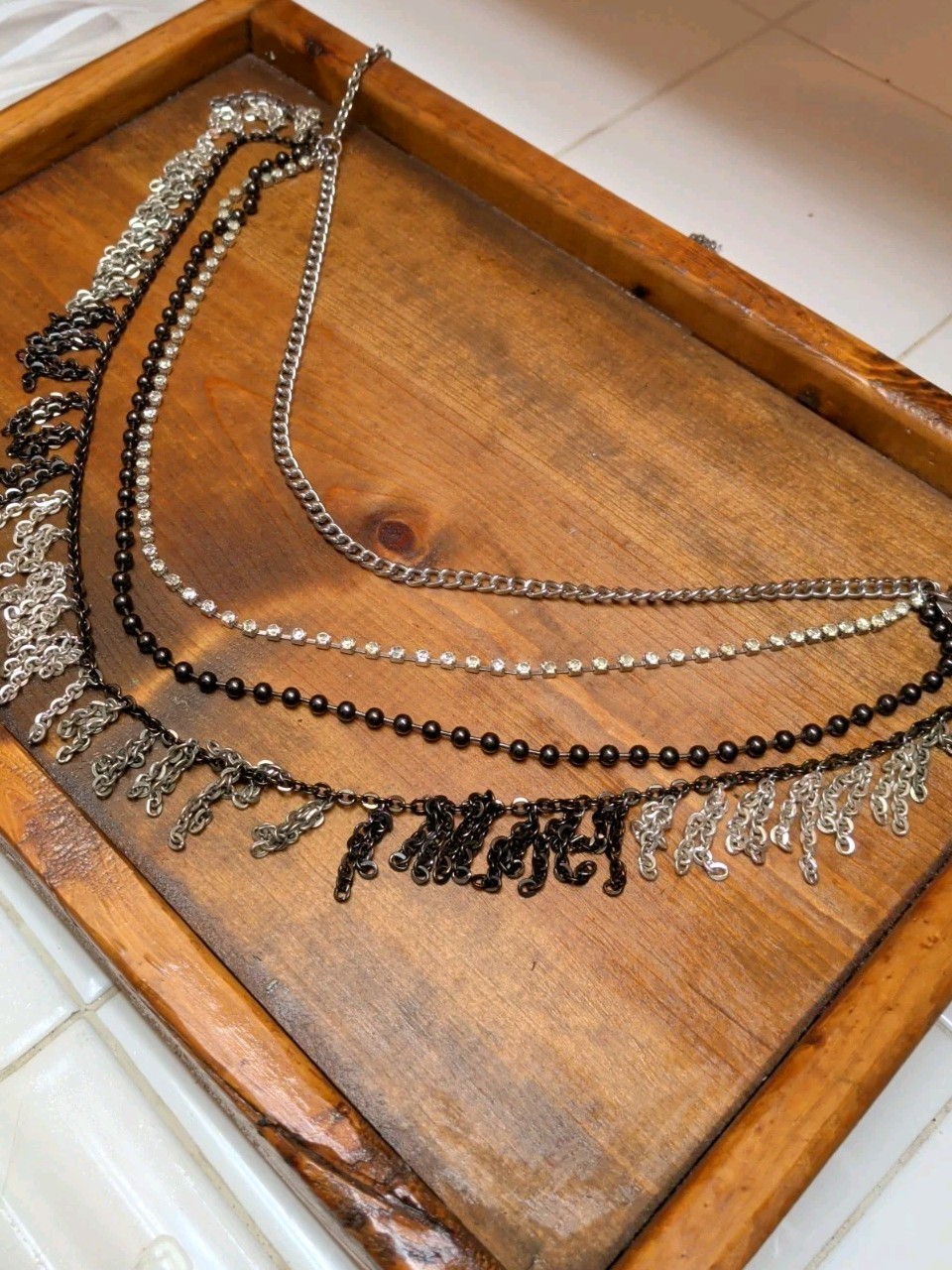 VTG Rock Punk Gothic 4 Layers Blk, Silver, Rhinestone, Fringe, Chain necklace