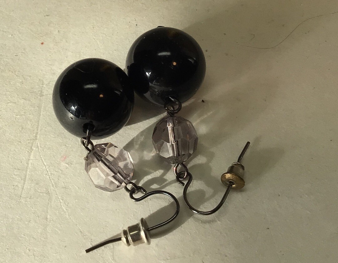 Vintage Statement Earring, Black Balls And Grayish Clear Beads. For Pierced Ears