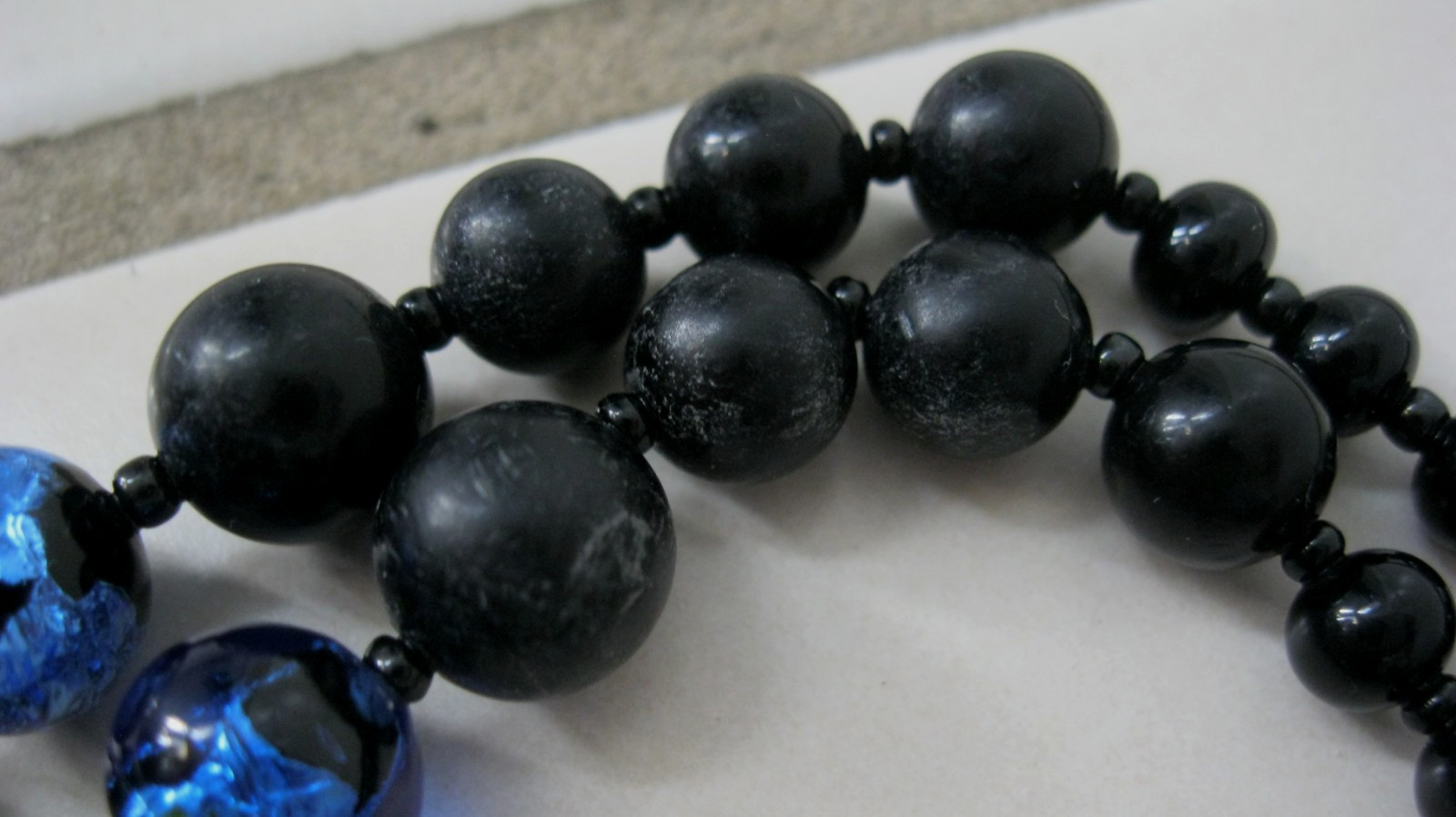 Josef Morton Blue, Black Art Glass Beads 2 Strands Necklace & Clip Earrings Set