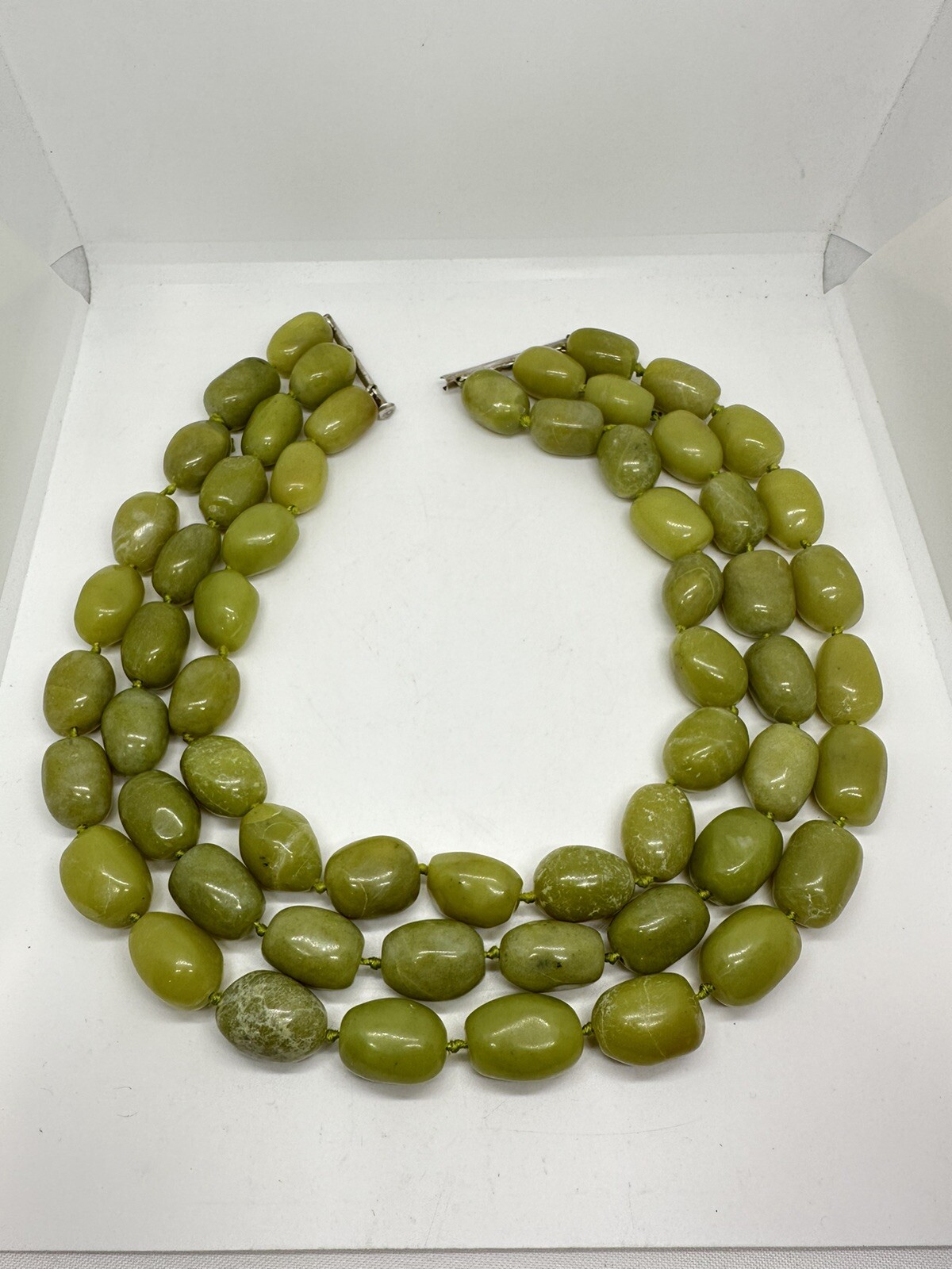 Vintage 3-Strand Olive Jade Nugget Beads Hand Knot 16-inch Choker Necklace