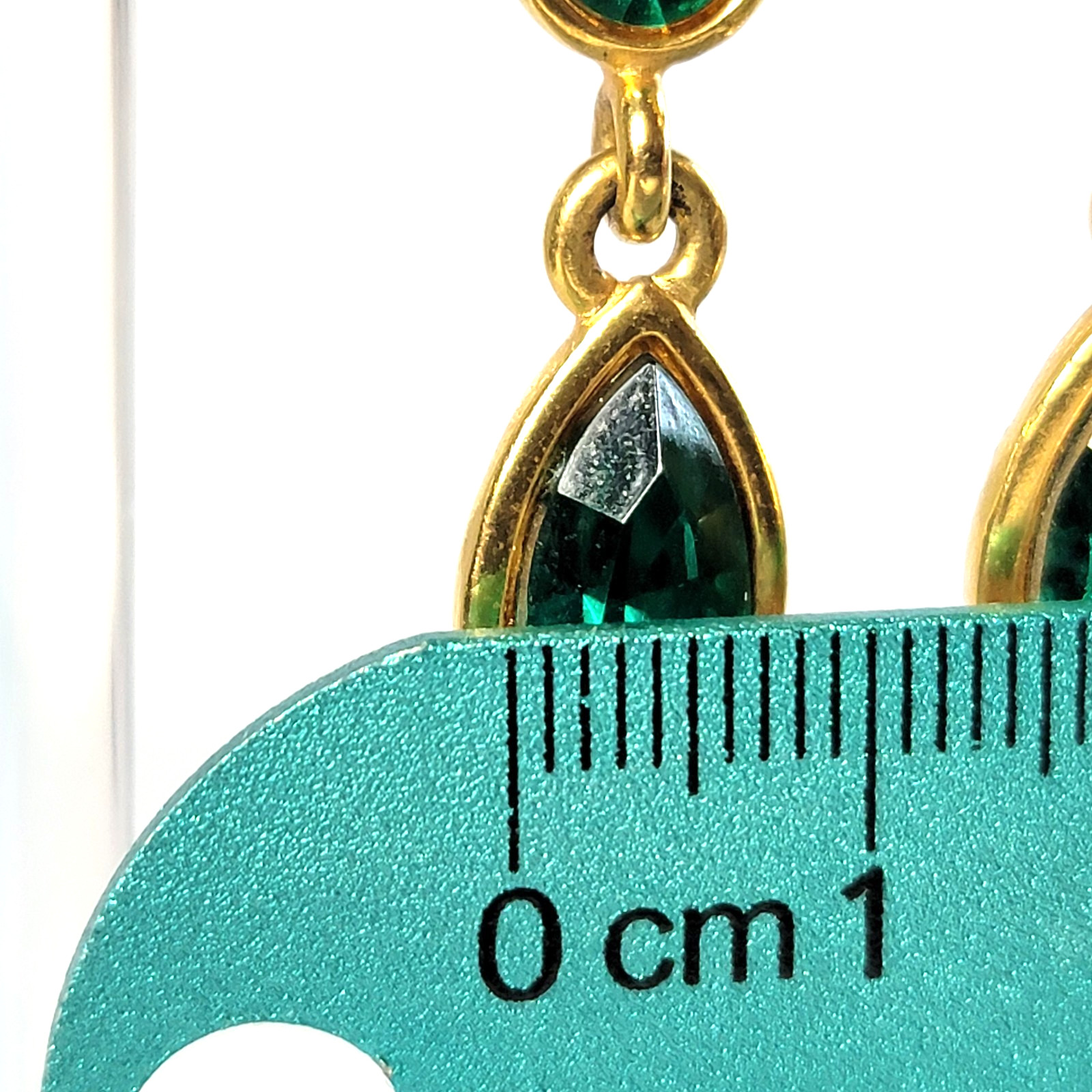 Vintage Napier Dark Green Faux Emerald Earrings 2″L Gold-tone, signed