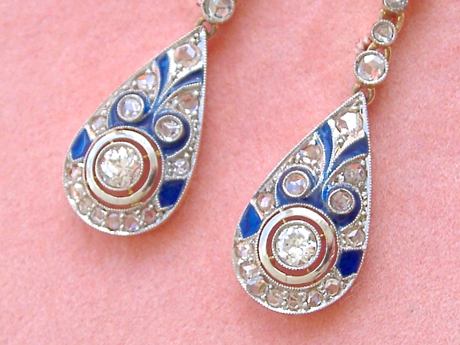 ART DECO 1.04 ctw EURO & ROSE DIAMOND BLUE ENAMEL 18K PLATINUM EARRINGS 1920