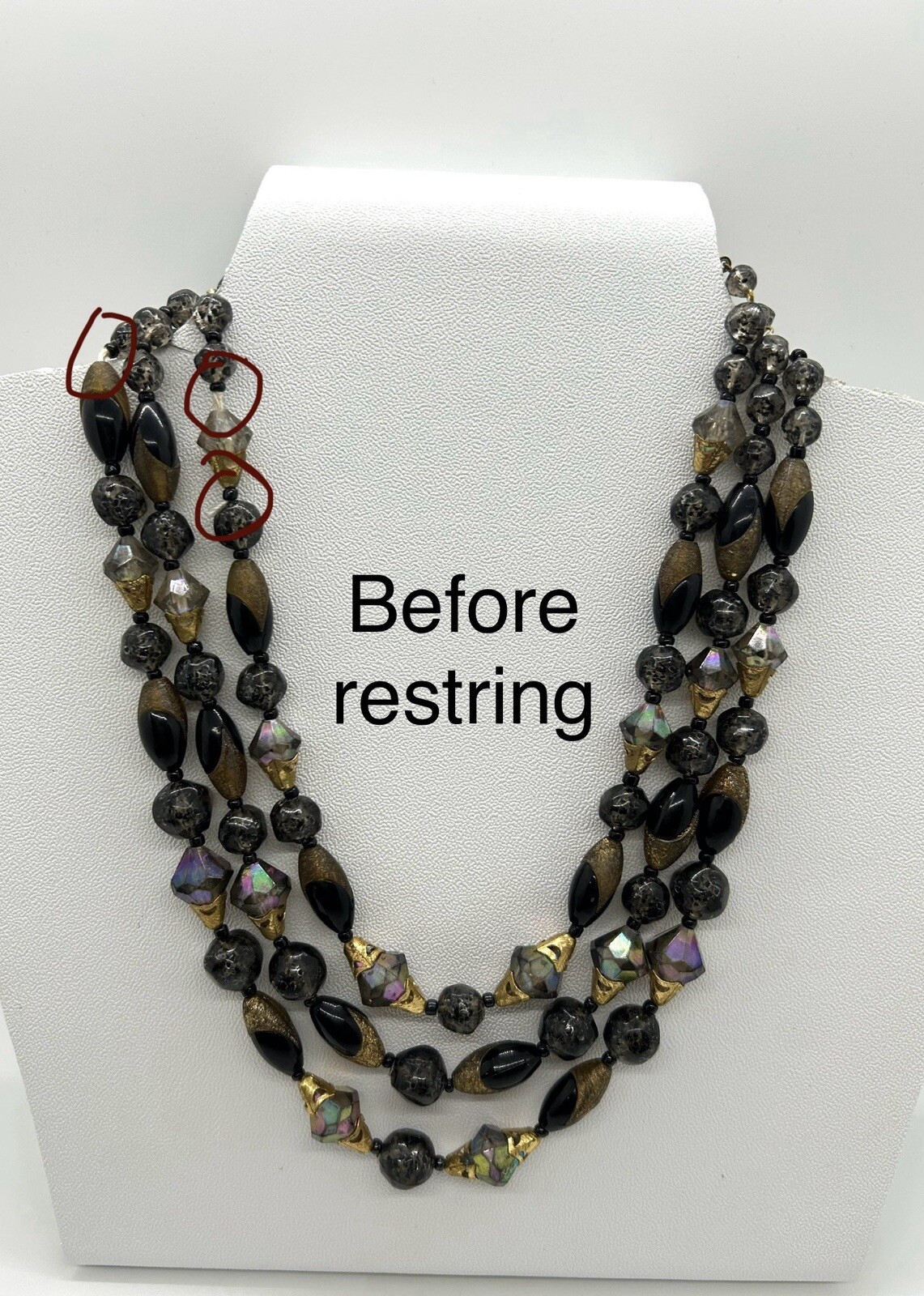 Vintage W.Germany 3 Strand Black And Gold Tone Beads Necklace Adjustable 15-17in