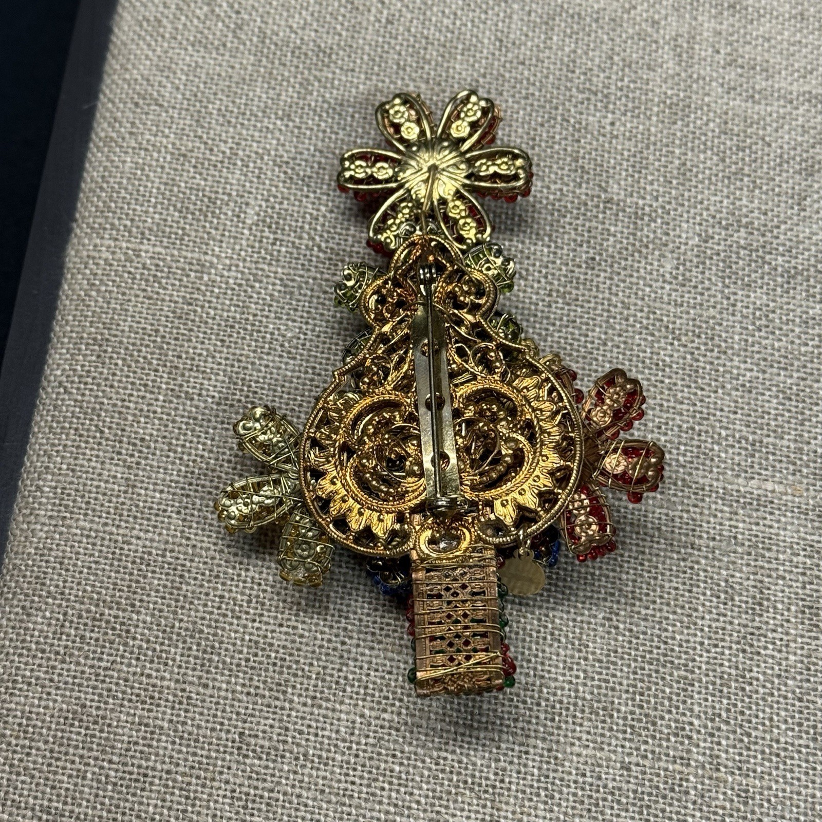 Vintage ANKA Gold Tone Beaded Christmas Tree Brooch 4”