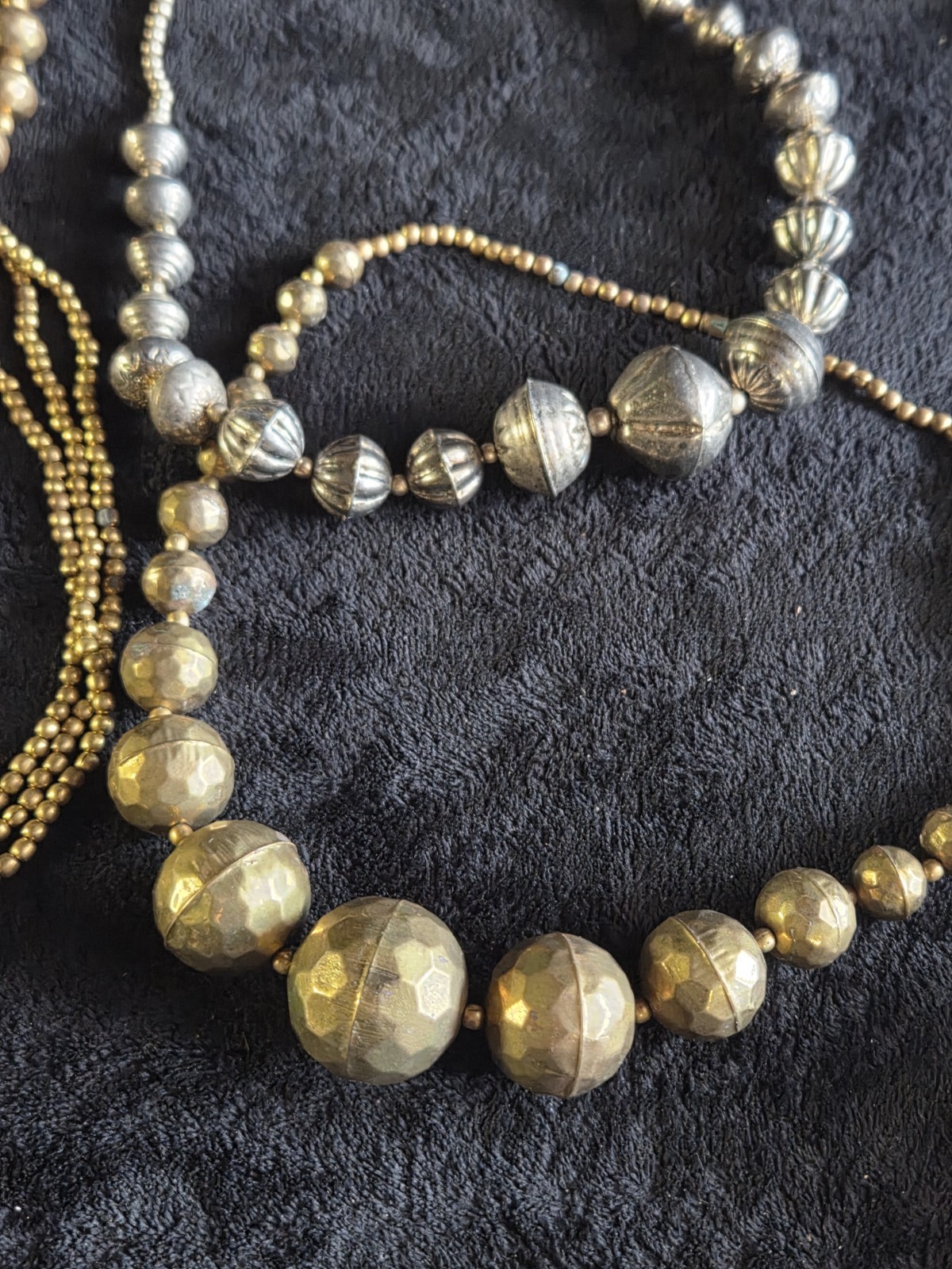 Lot Of 4 Hammered Brass Bead / Silver Necklace 30” Long Graduated Boho Tribal