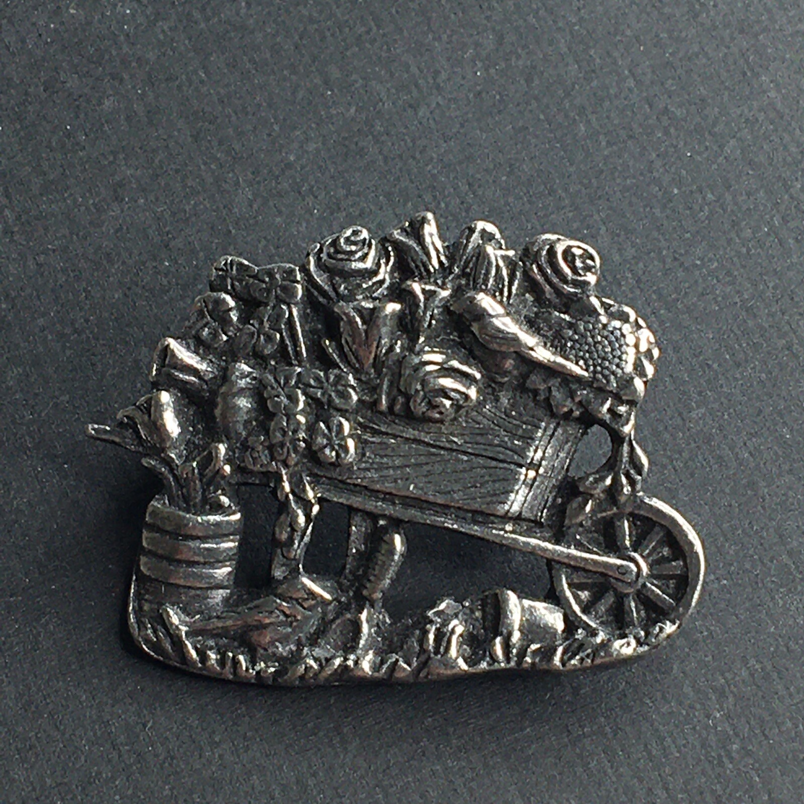 Birds & Blooms Brooch Pin Pewter Flower Wheelbarrow Granny Cottage Fairycore