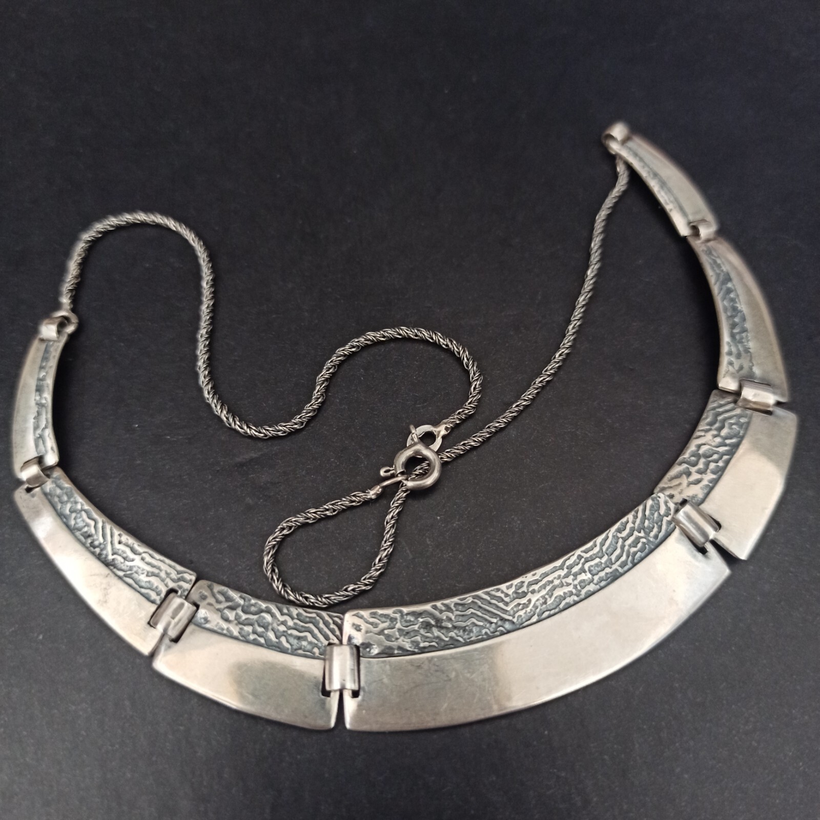 VTG Silver Artisan Necklace Modernist Articulated Links Textured Bib 90s Gift