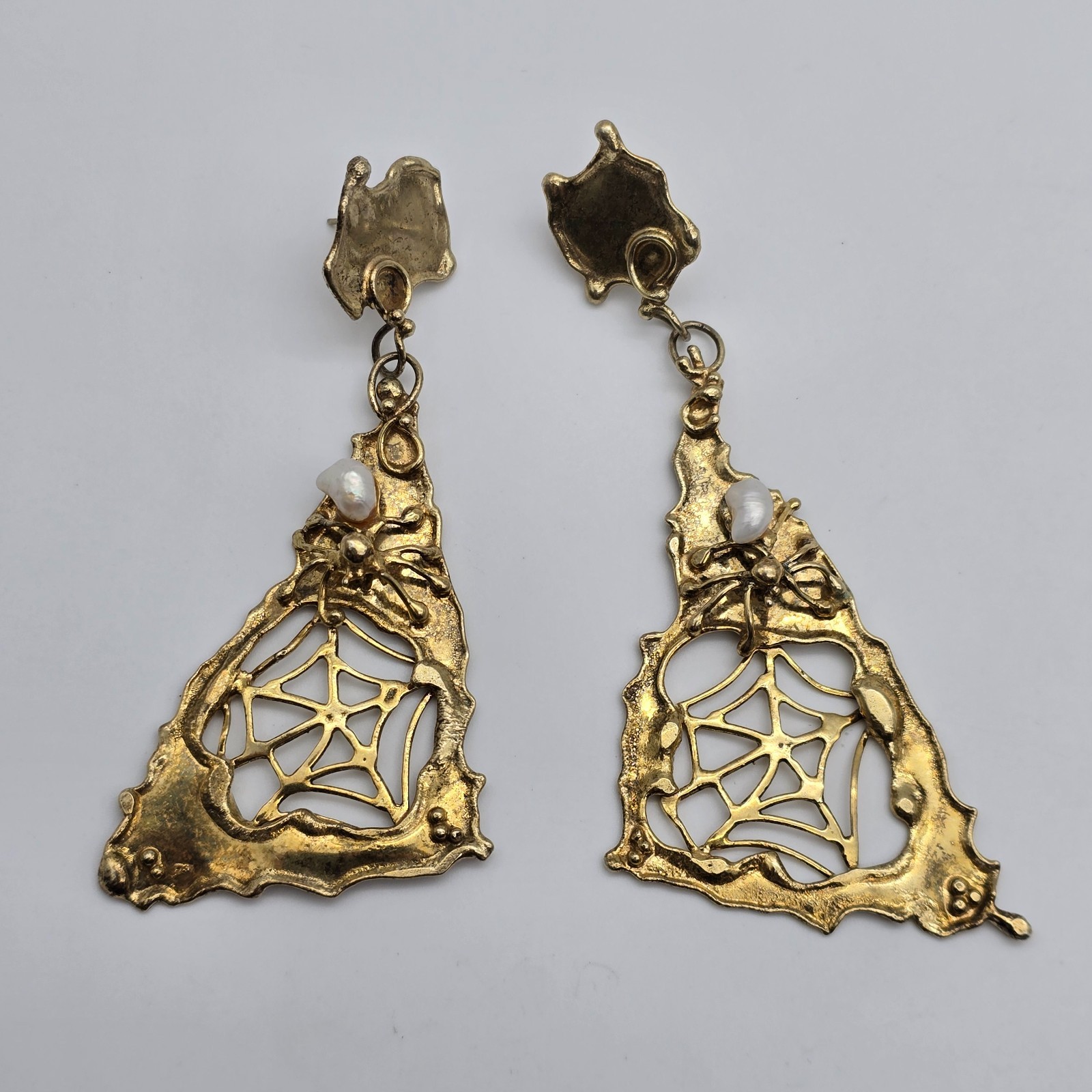 VTG Abstract Brutalist Spider Web Gold over Sterling Pearl Pendant Earrings Set