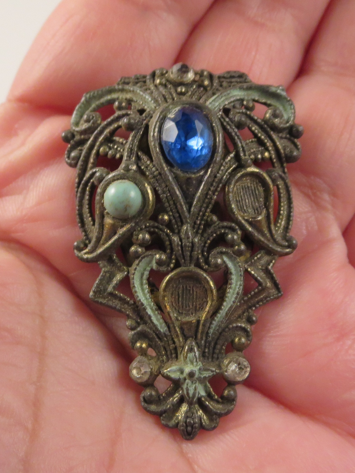 Antique Art Deco NE Signed New England Glass Works Blue Rhinestone Dress Clip