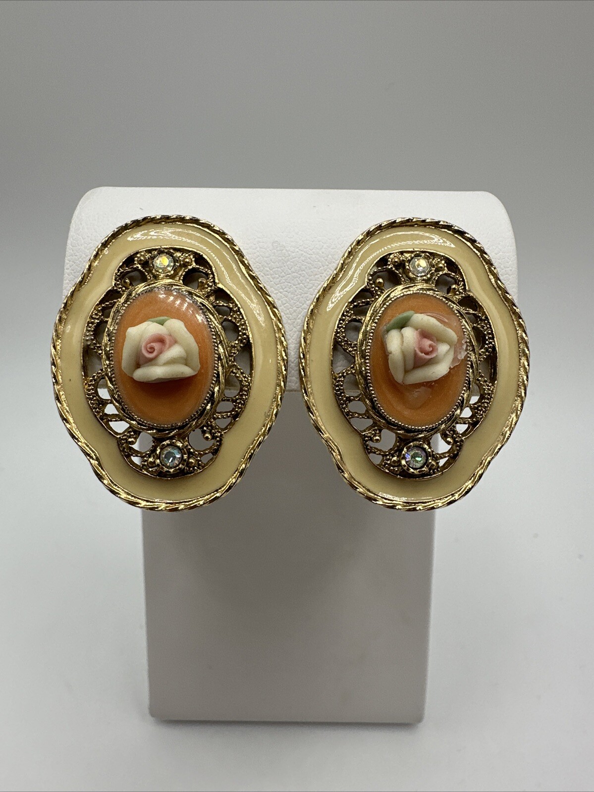 Vintage 1928 Gold Tone Orange & Cream Enamel AB Crystal Clip On Rose Earrings