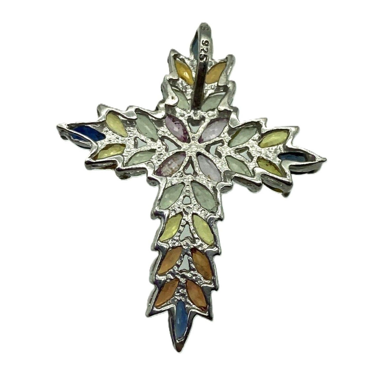 Sapphire Cross Pendant Prong Set Sterling Silver Multi Color pear cut 2.28g