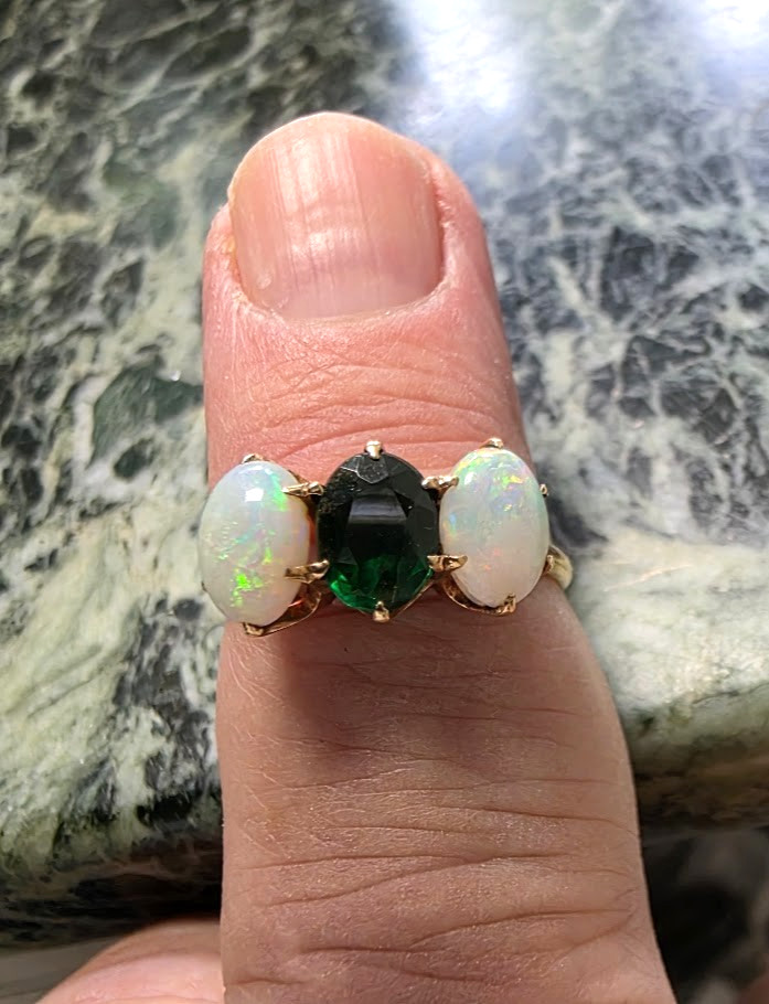Antique Trilogy Ring Vibrant Opals and Deep Green Center Stone 10k Gold Superb!