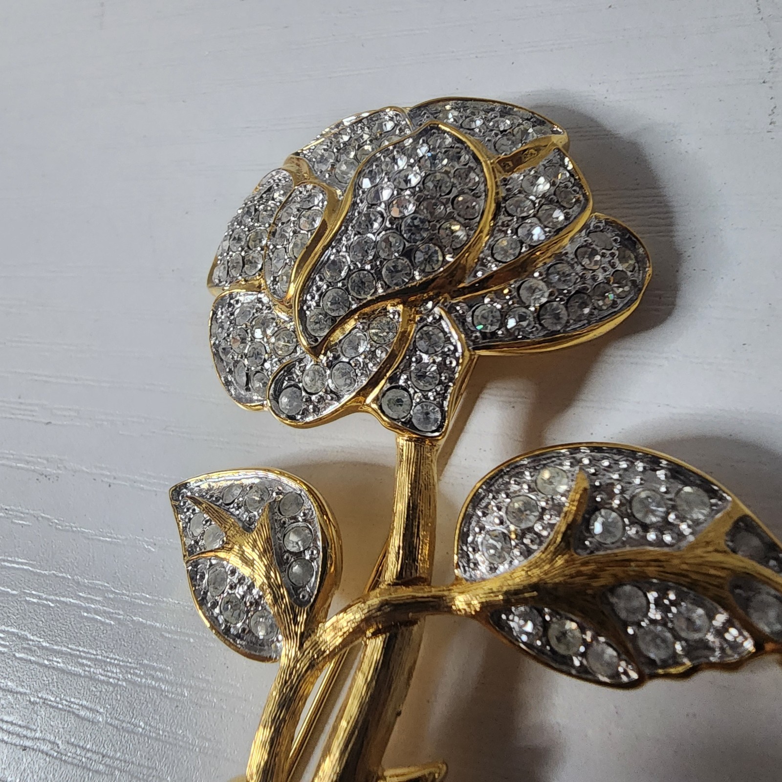 Vintage Nolan Miller Large Brooch Pin Pave Rose Flower Gold Tone & Rhinestones