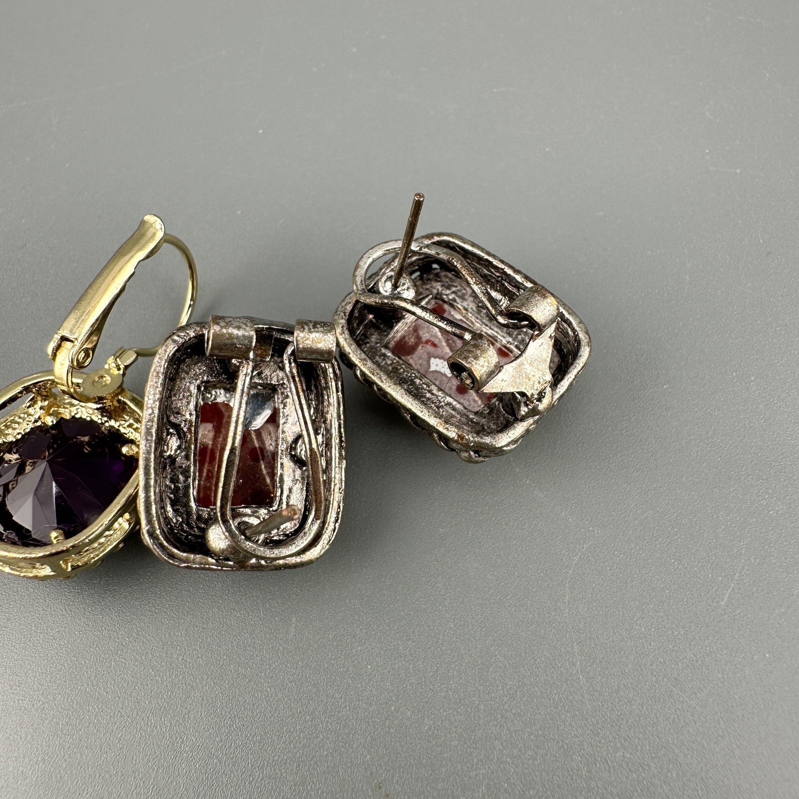 Vintage Rhinestone Earrings Lot Leverback Wingback Purple Red Silver Gold Tone