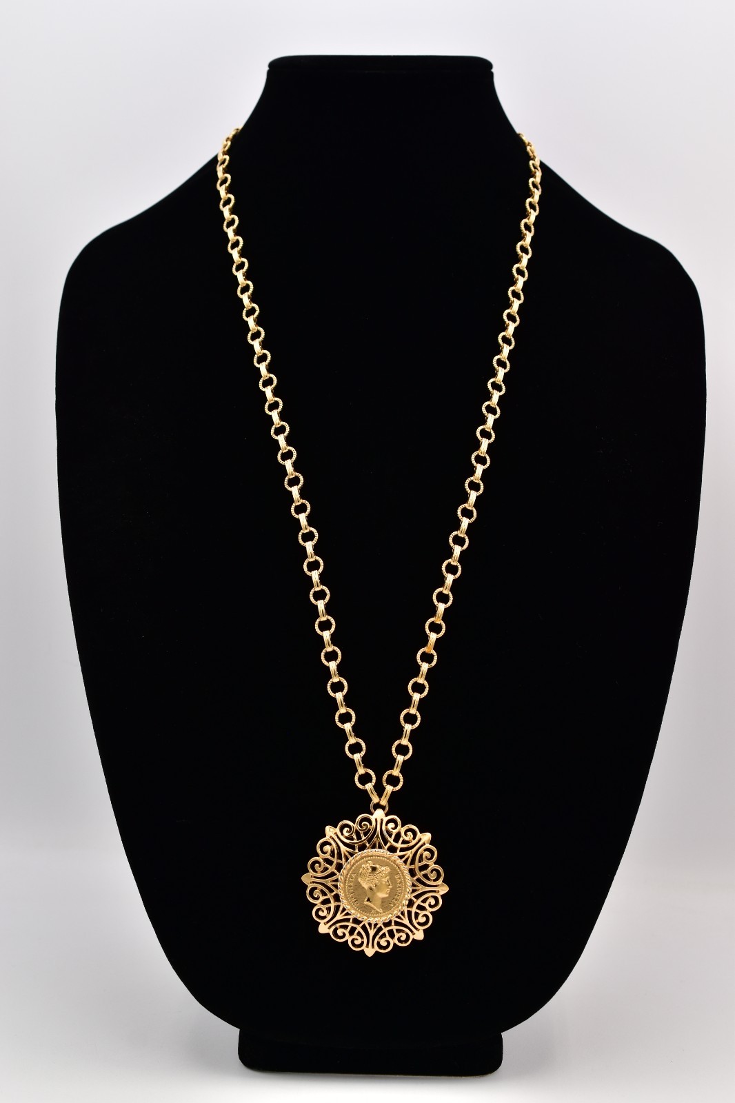 Monet Vintage Coin Pendant Necklace Gold Filigree Medallion Signed 1970s BinBN