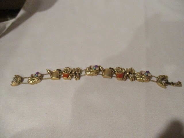 Vintage Brass & Enamel Gardening Slide Bracelet 7 1/4″ L x 3/4″ W