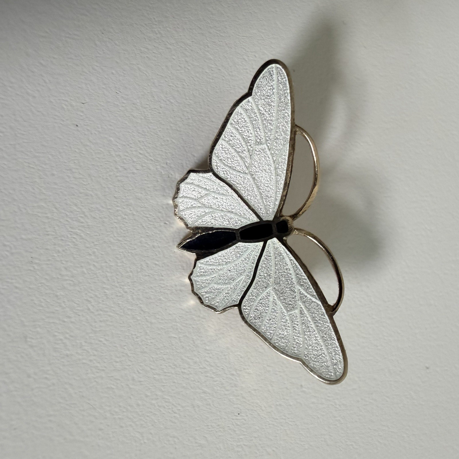 Vintage Mid Century White Black Guilloche Enamel Gold Tone Butterfly Pin Brooch