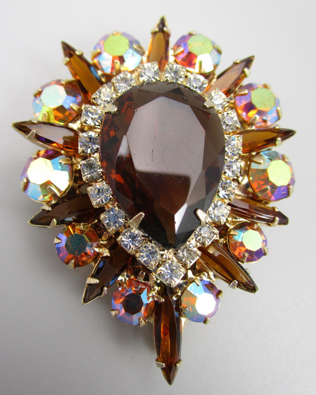 GORGEOUS DELIZZA & ELSTER JULIANA TOPAZ BOREALIS RHINESTONE BROOCH PIN