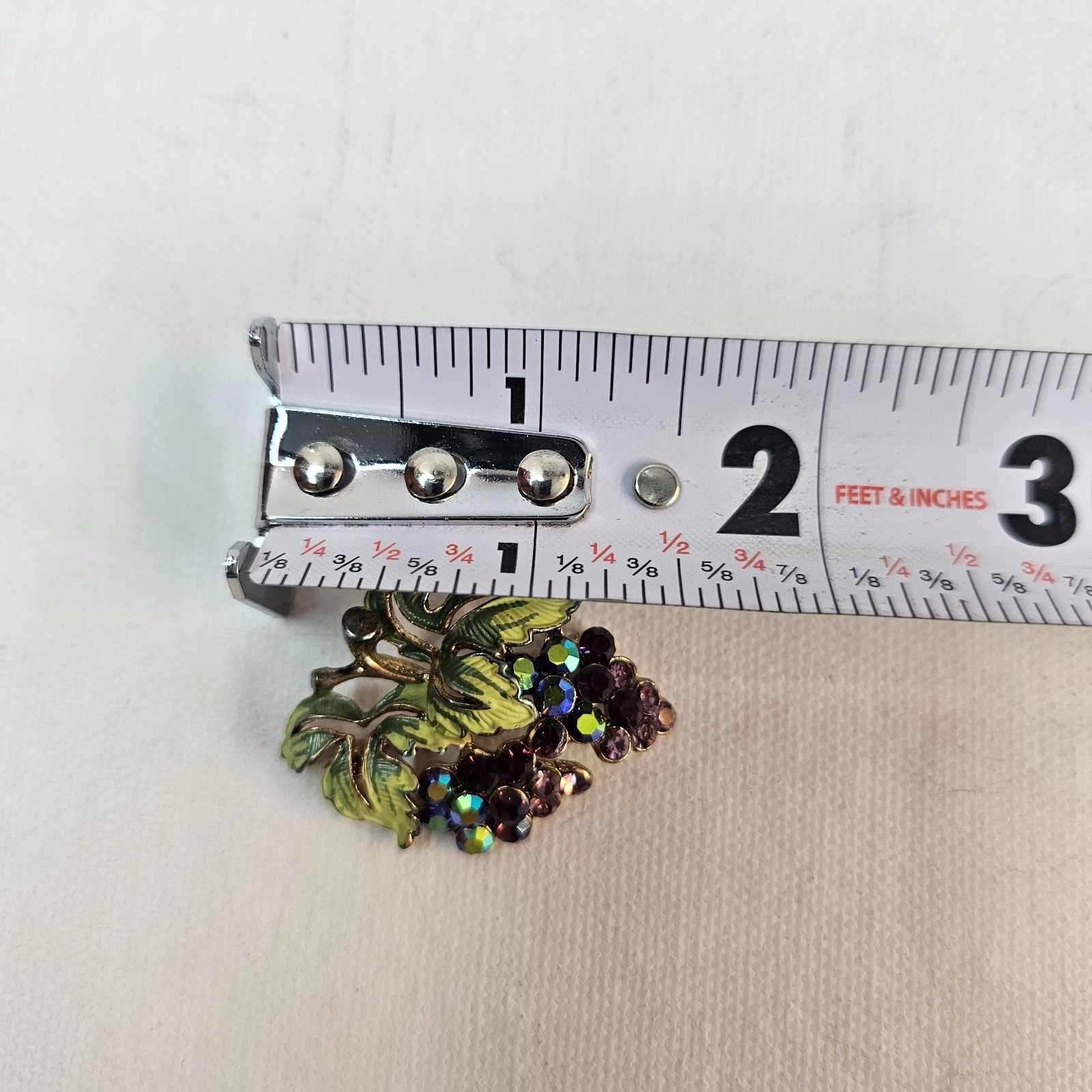 Grape Cluster Scatter Brooch Purple AB Rhinestones Green Leaves Unmarked Pin