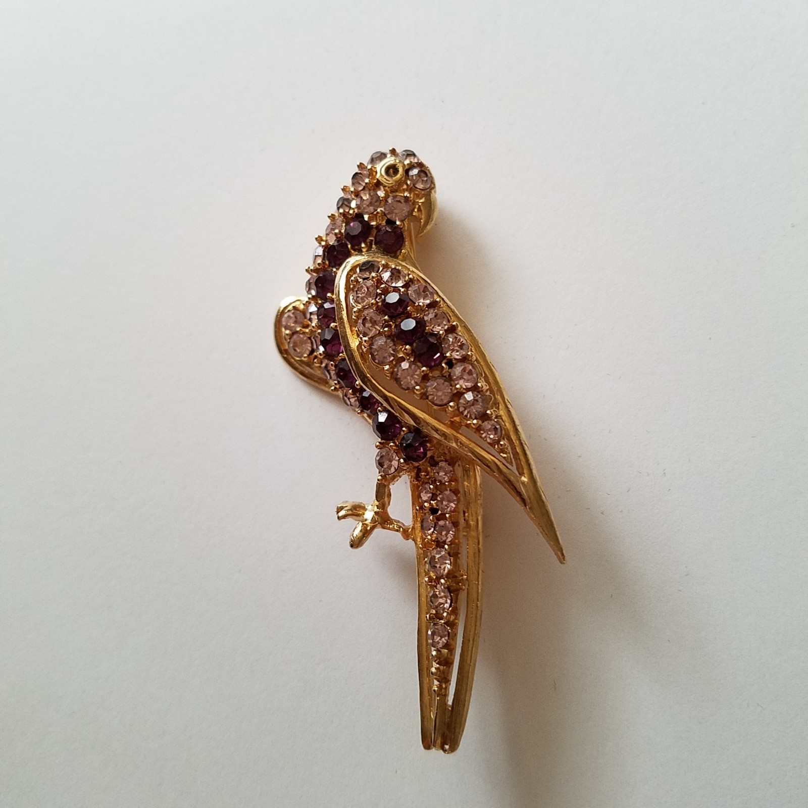 Vintage Pell Purple and Clear Rhinestone Parrot Brooch