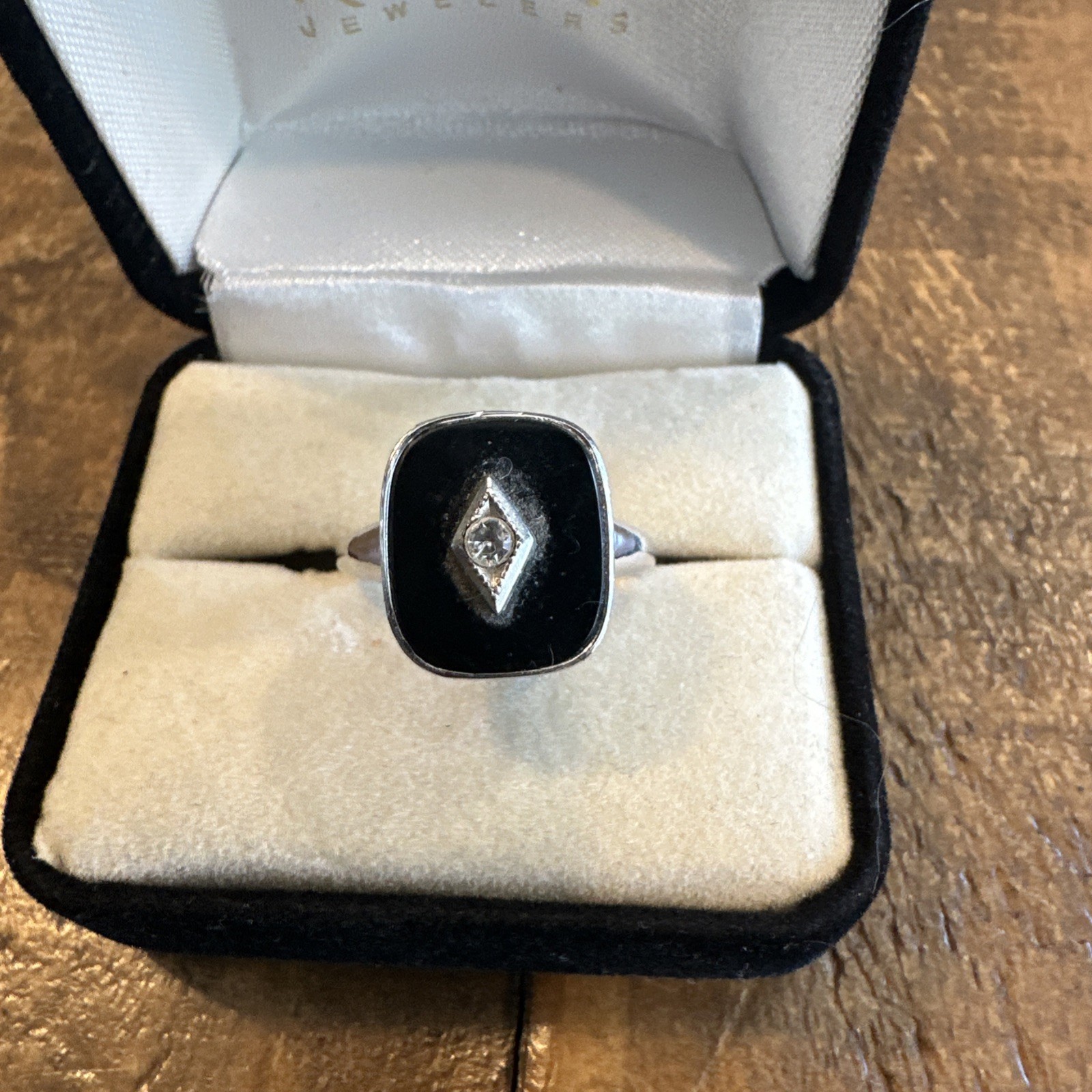 Vintage Black Onyx Diamond Signet Sterling Silver Ring Size 8