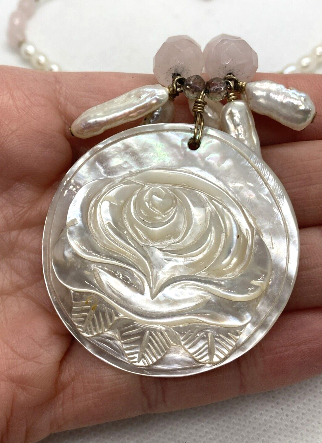 Vintage Rose Quartz Carved Mother of Pearl Tourmaline 18” Necklace 14/20 GF 44g