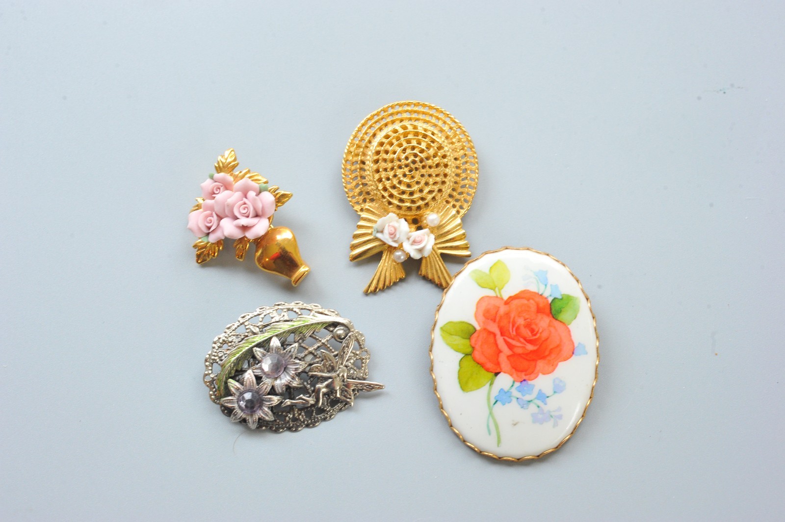 Vtg modern Brooch Lot cameo style flower gardening hat fairy 2 signed MA13