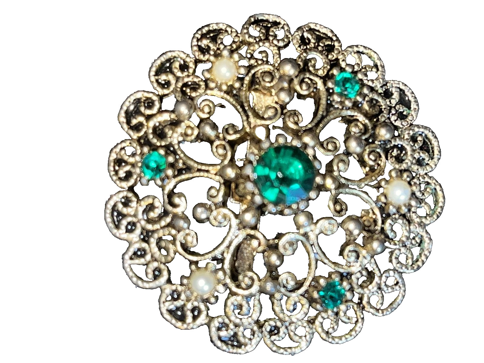 VTG Unbranded Brooch GoldTone Faux Emerald Green Rhinestone & Pearl 1 1/2″