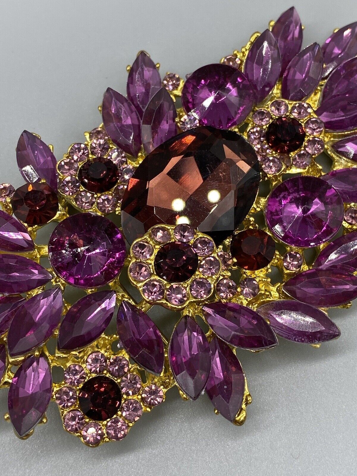 Gold Tone Purple Pink Fuchsia Red Big Rhinestone Large Flower Floral Pin Brooch