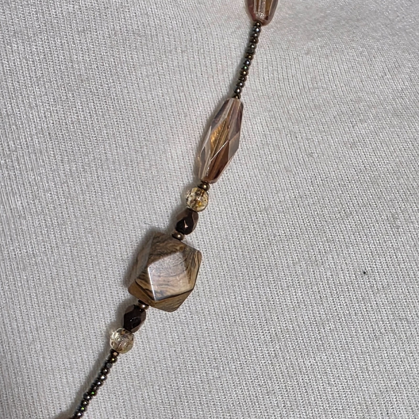 Beaded Lariat Necklace Large Irregularly Shaped Stone Earth-Tone Mix of Beads