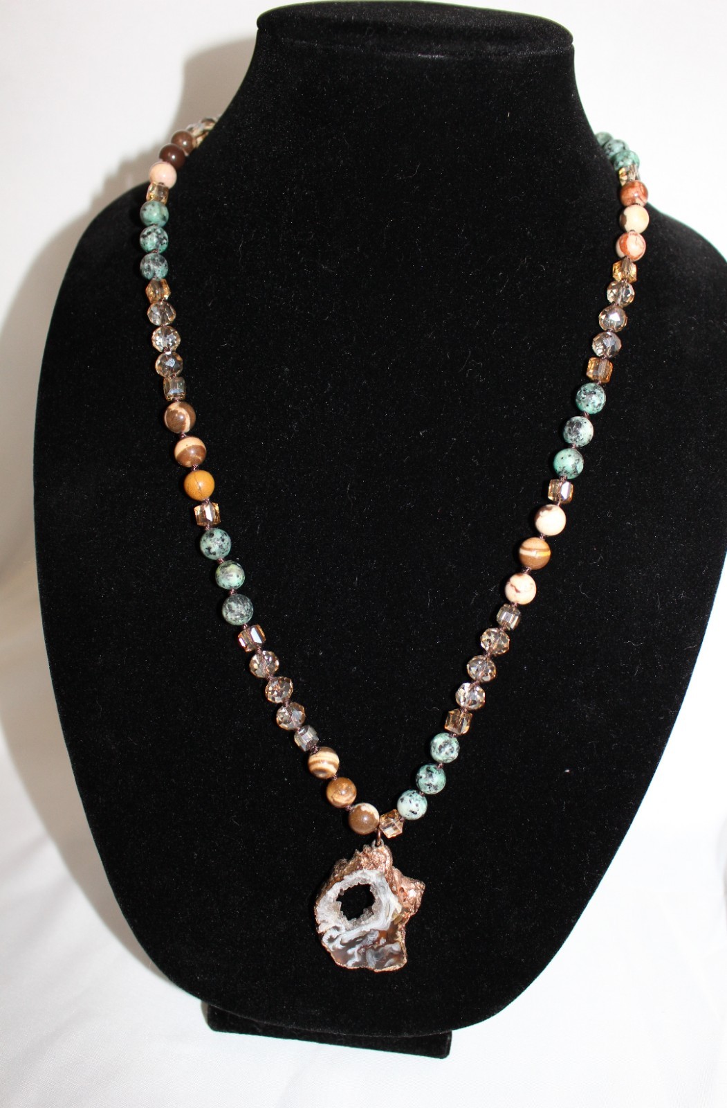Estate Vintage Boho Necklace Crystal Druzy Brown Natural Stone Earthy Colors