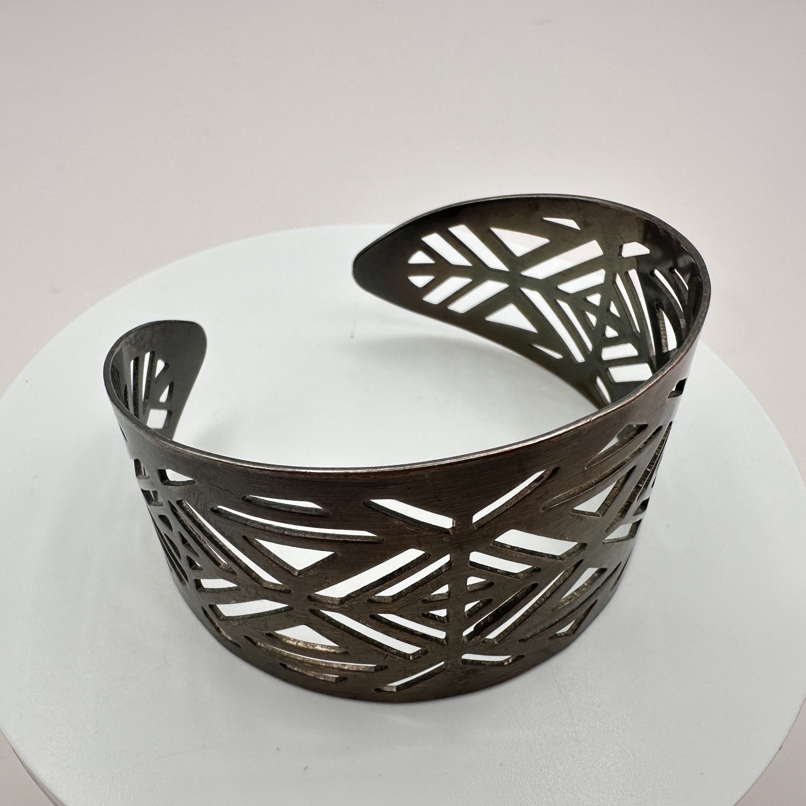 Vintage 80s Silver Tone Cutout Cuff Bracelet Geometric Wide Statement Jewelry
