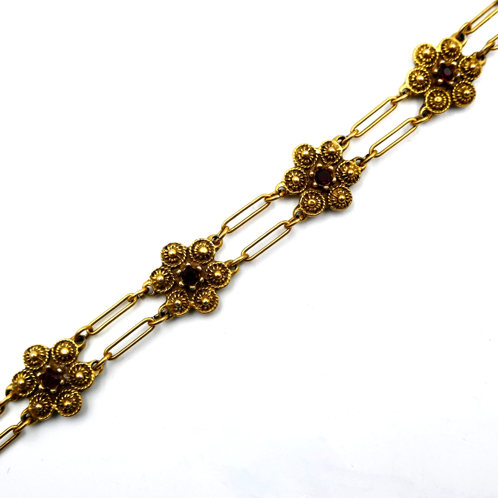 Goldette Red Rhinestone Bracelet 7.25″ Paper Clip Links Floral Gold Vintage