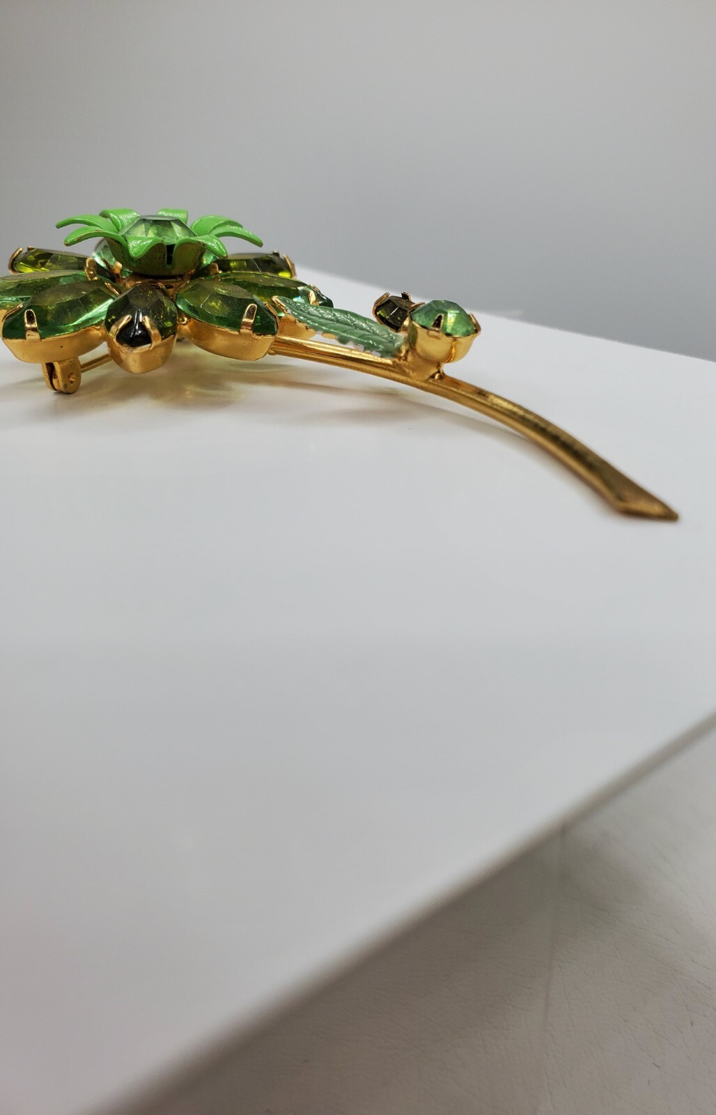 Vintage Adorable Open Back Green Glass , Rhinestones & Enamel Flower Brooch